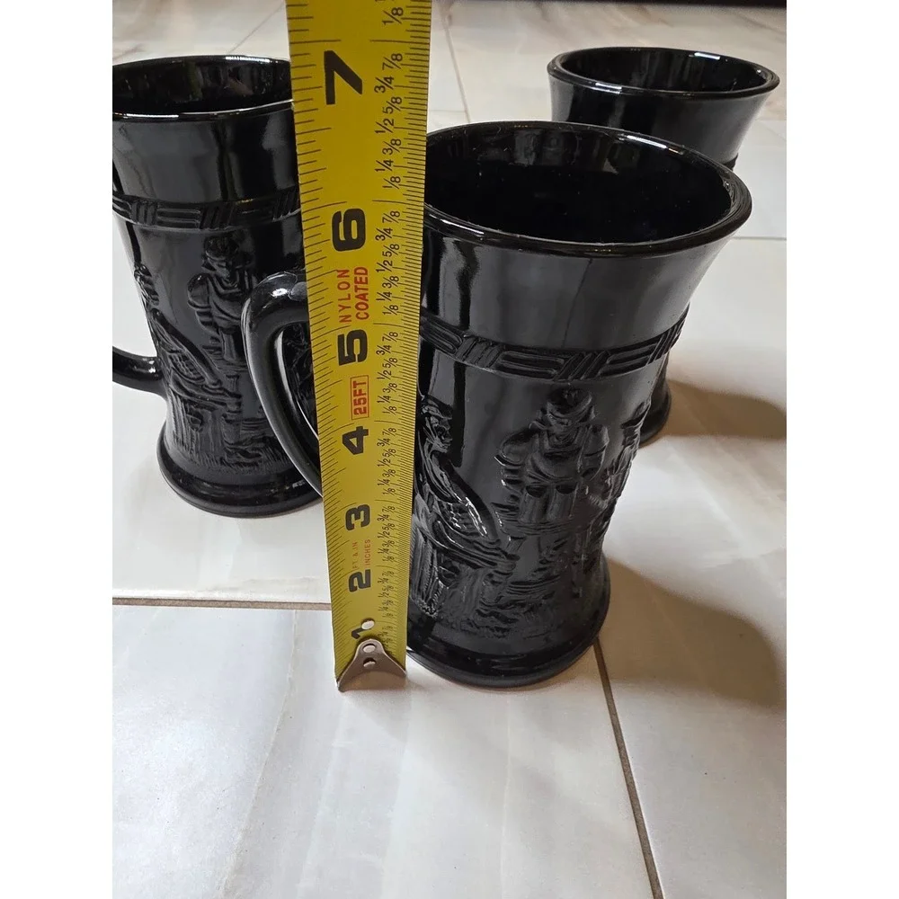 Vintage Black Amethyst Glass Beer‎ Stein Tavern Scene Embossed Mug Set of 3 A5